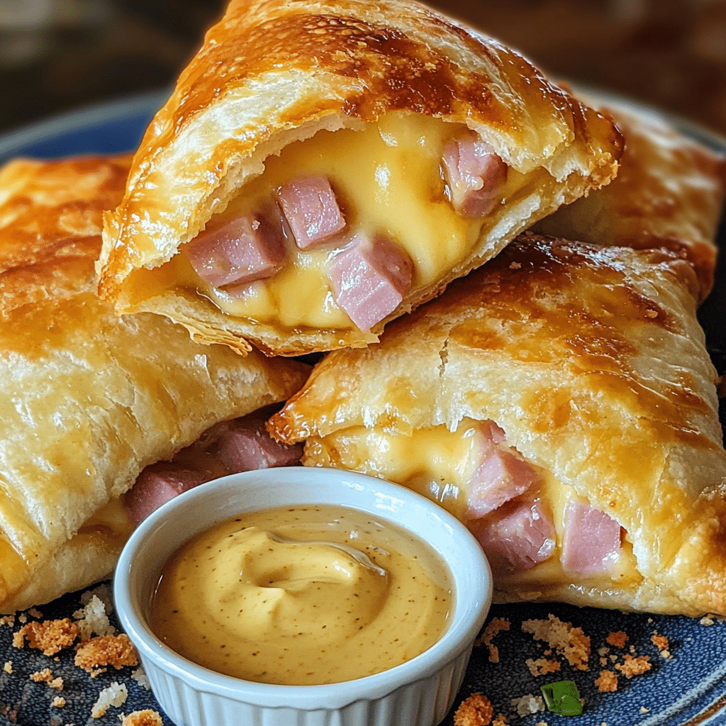 Close-up of baked ham and cheese pockets with one cut open showing melted cheese