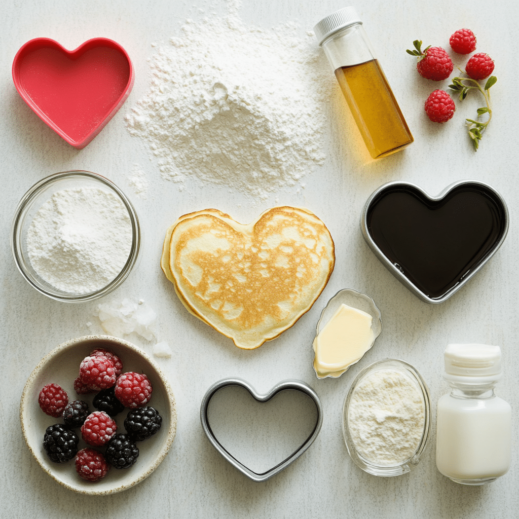 Ingredients for heart shaped pancakes with a heart cookie cutter and berries on a kitchen counter
