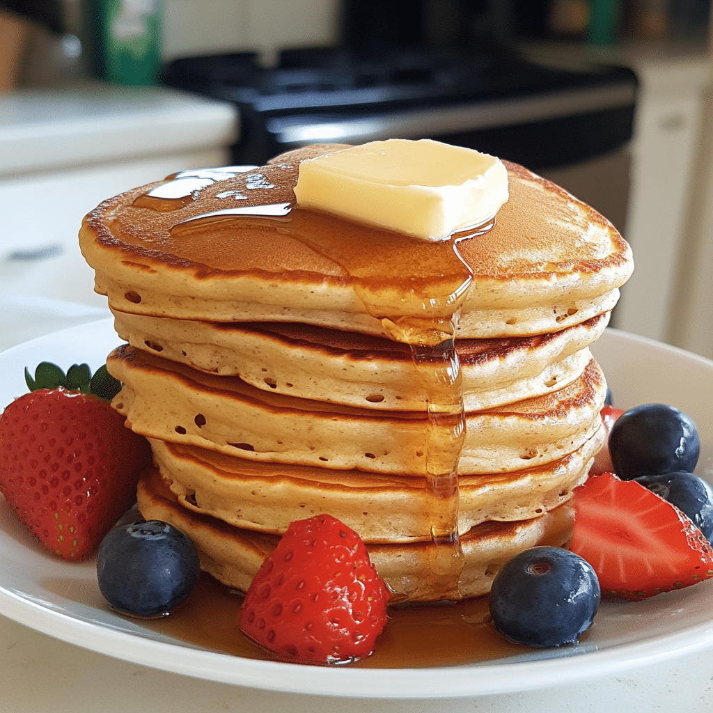 Stack of heart shaped pancakes topped with butter and syrup on a white plate with berries