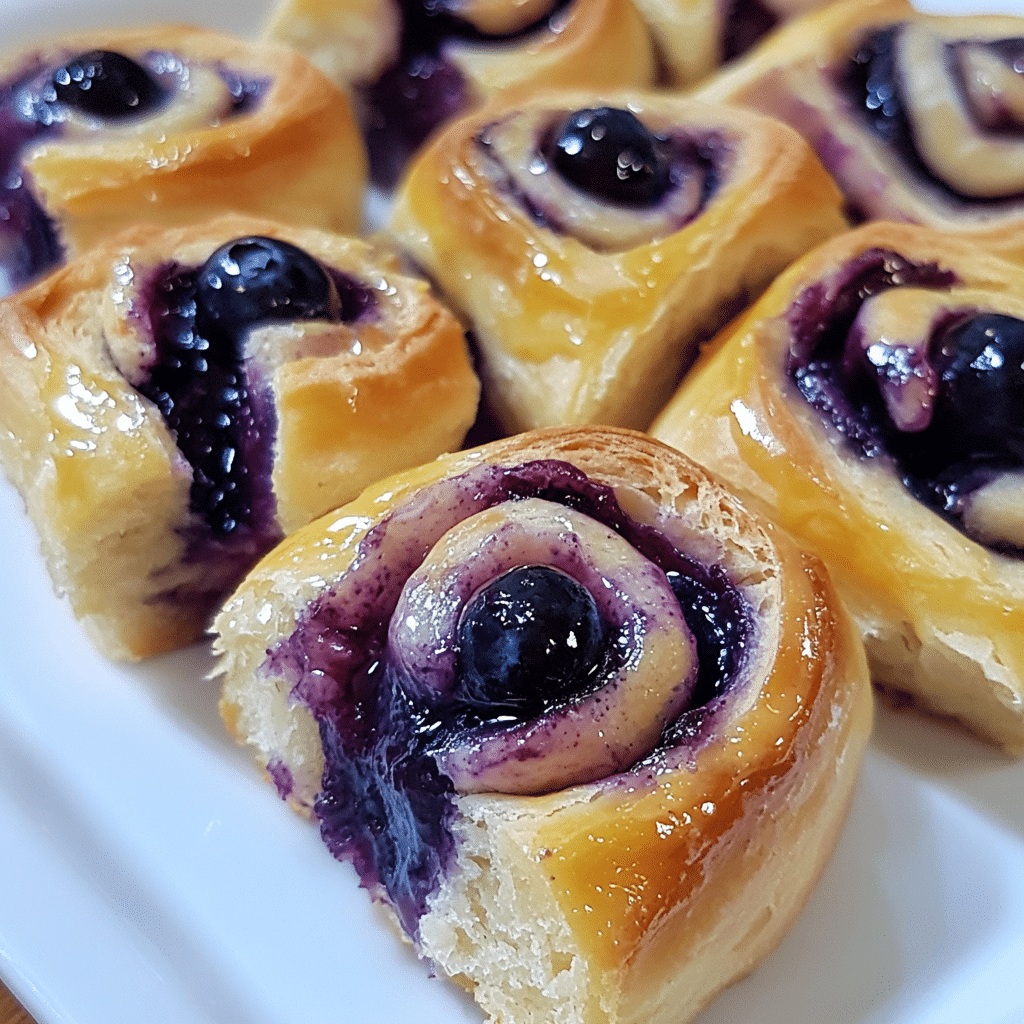 Blueberry sweet rolls with golden layers and bursting blueberries, topped with lemon glaze