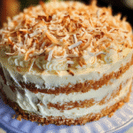 Coconut cake with coconut frosting and toasted coconut flakes