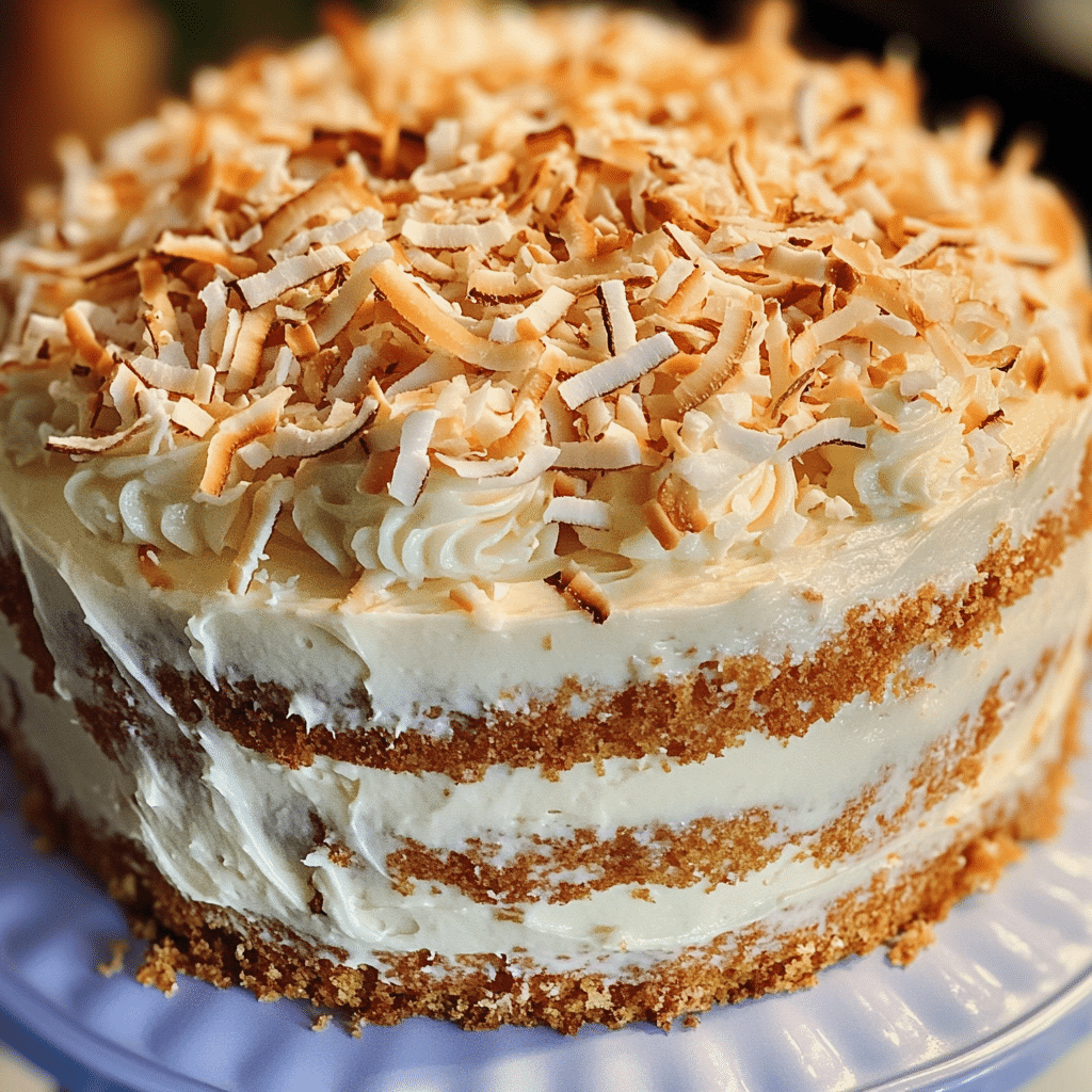Coconut cake with coconut frosting and toasted coconut flakes