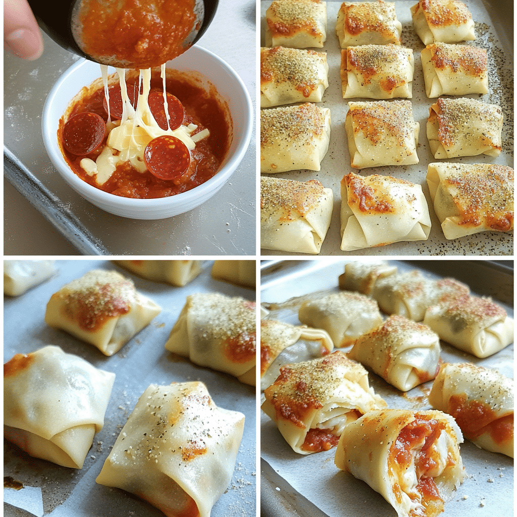 Four-panel collage showing filling wrappers, rolling and sealing, brushing on a tray, and finished pizza rolls with dipping sauce