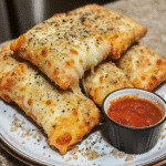 Close-up of homemade pizza rolls with marinara dipping sauce on a plate