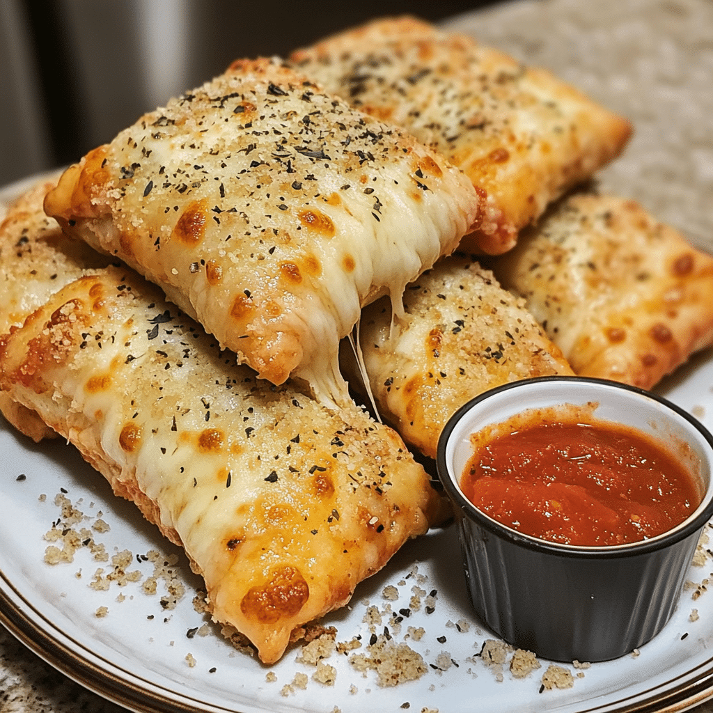 Close-up of homemade pizza rolls with marinara dipping sauce on a plate