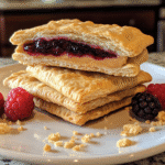 Close-up of homemade uncrustables with one cut open showing peanut butter and jelly