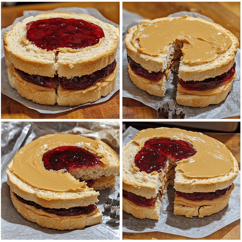 Four-panel collage showing spreading peanut butter, adding jelly, cutting and sealing rounds, and wrapping and freezing homemade uncrustables