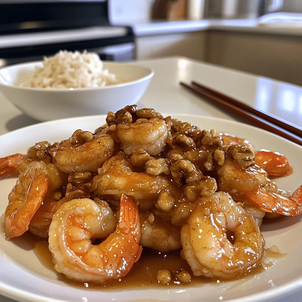 Honey walnut shrimp coated in creamy honey sauce topped with candied walnuts