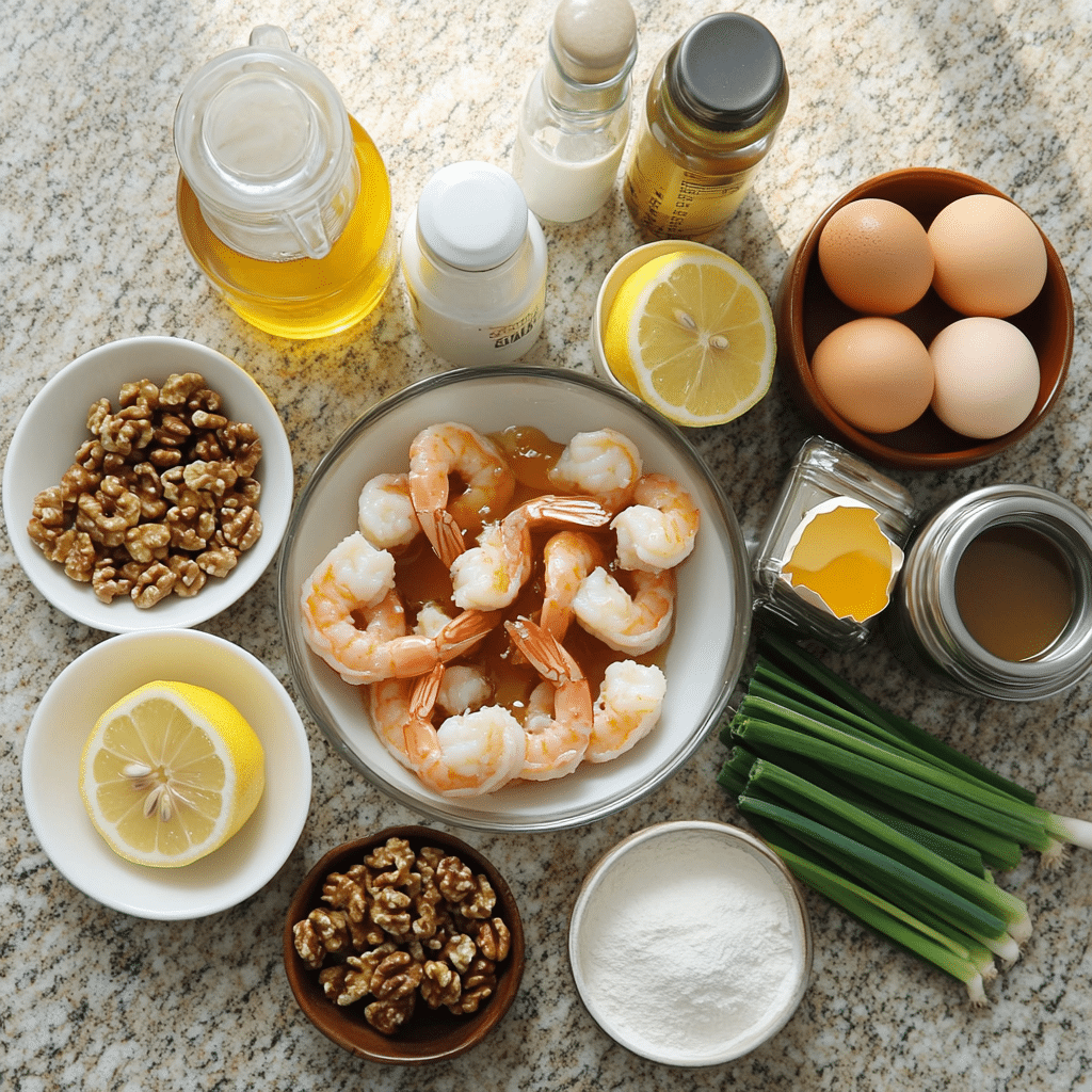 Bowls of shrimp, walnuts, flour, cornstarch, eggs, honey, mayonnaise, and condensed milk on a counter