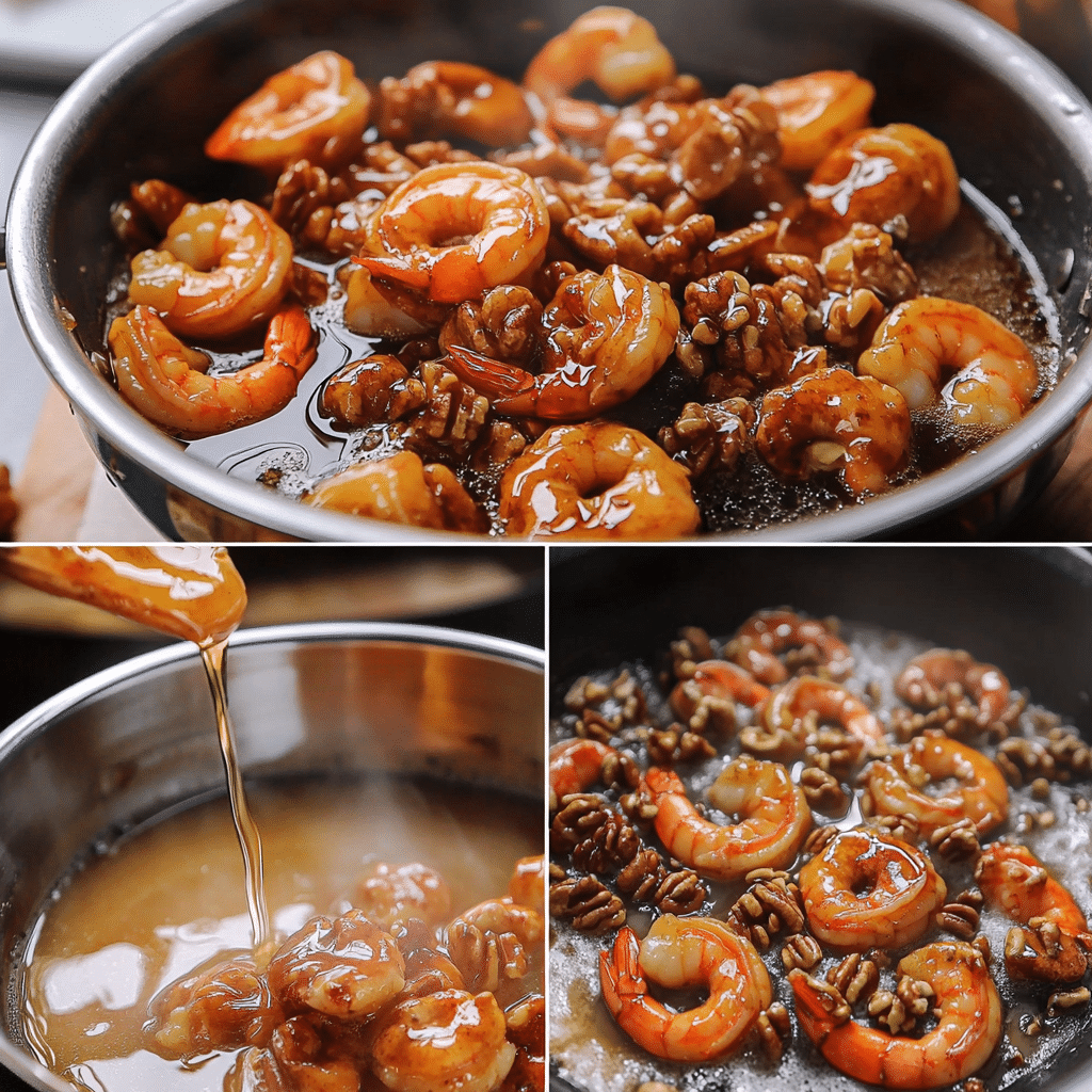 Four panel collage showing candied walnuts, coating shrimp, frying shrimp, and tossing in honey sauce