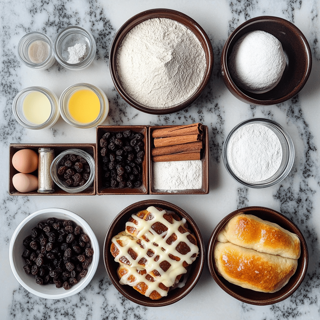 Overhead ingredients for hot cross buns including flour, yeast, milk, eggs, butter, spices, raisins, and icing ingredients