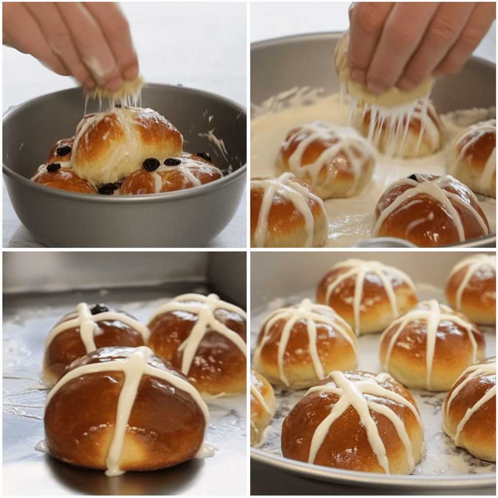 Four-panel collage showing mixing dough, rising with raisins, shaping into buns in a pan, and finished buns with icing crosses