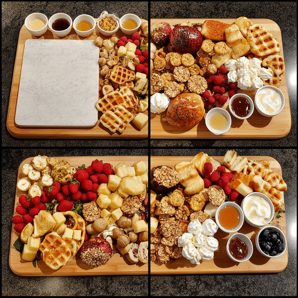 Four-panel collage showing steps to assemble a breakfast charcuterie board