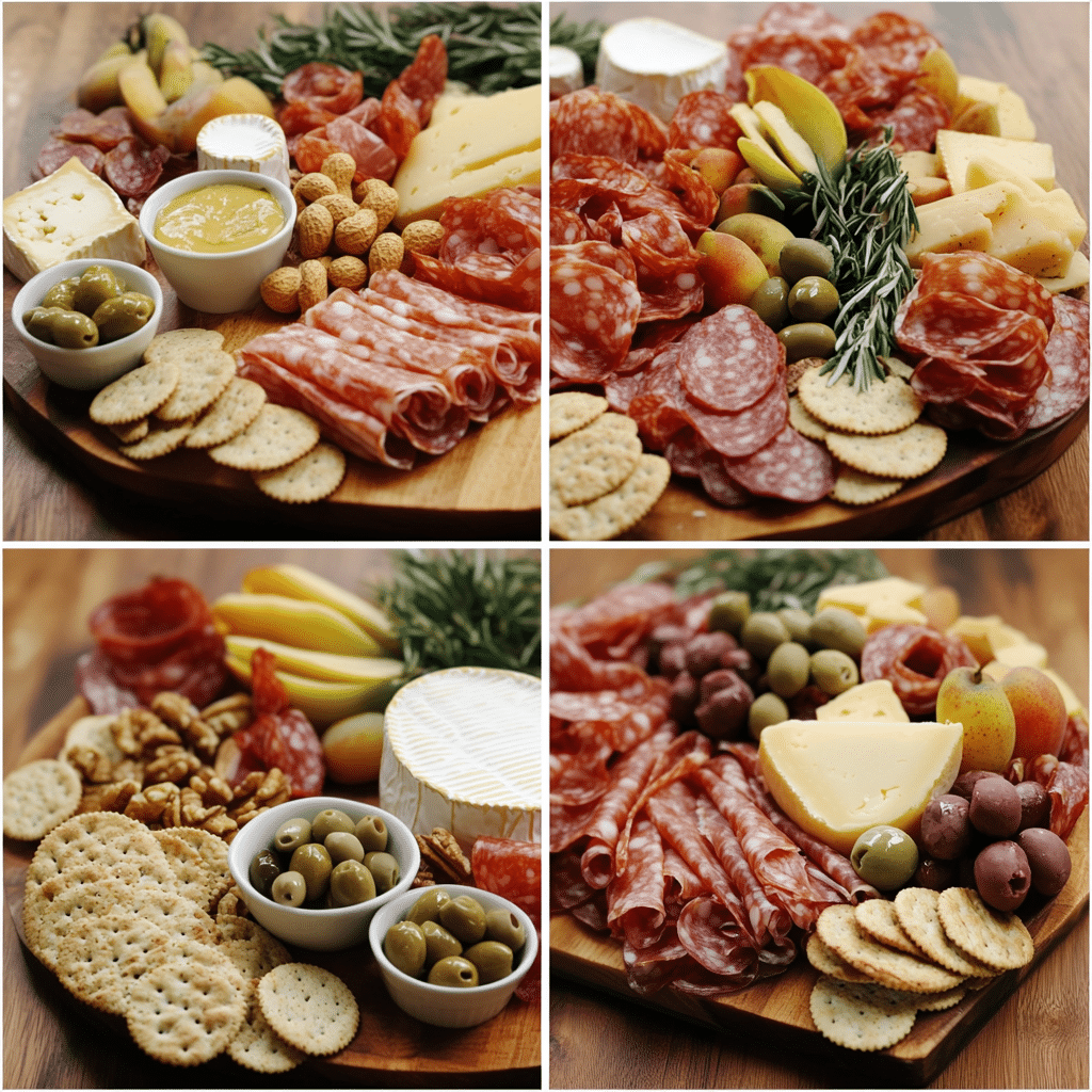 Step-by-step collage assembling a charcuterie board