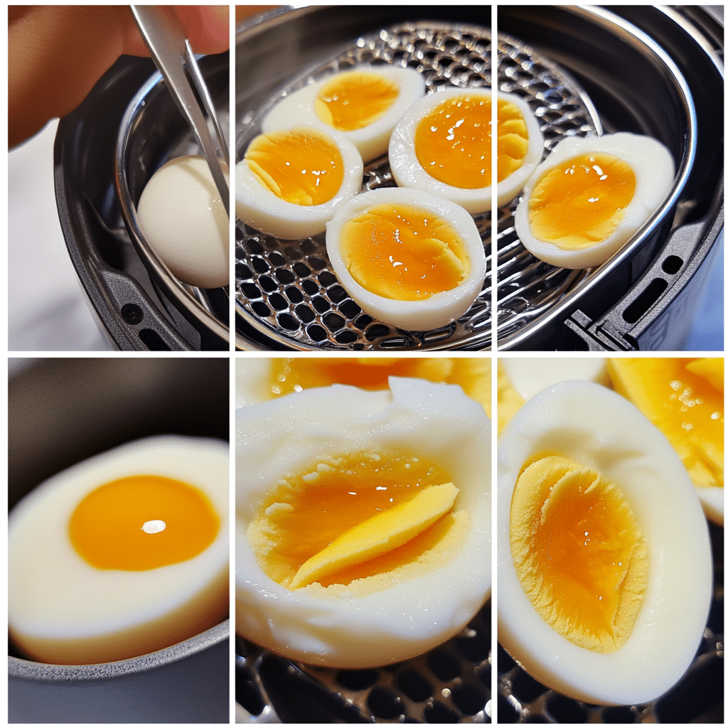 Four-panel collage of air fryer hard boiled egg steps from basket to ice bath to peeling