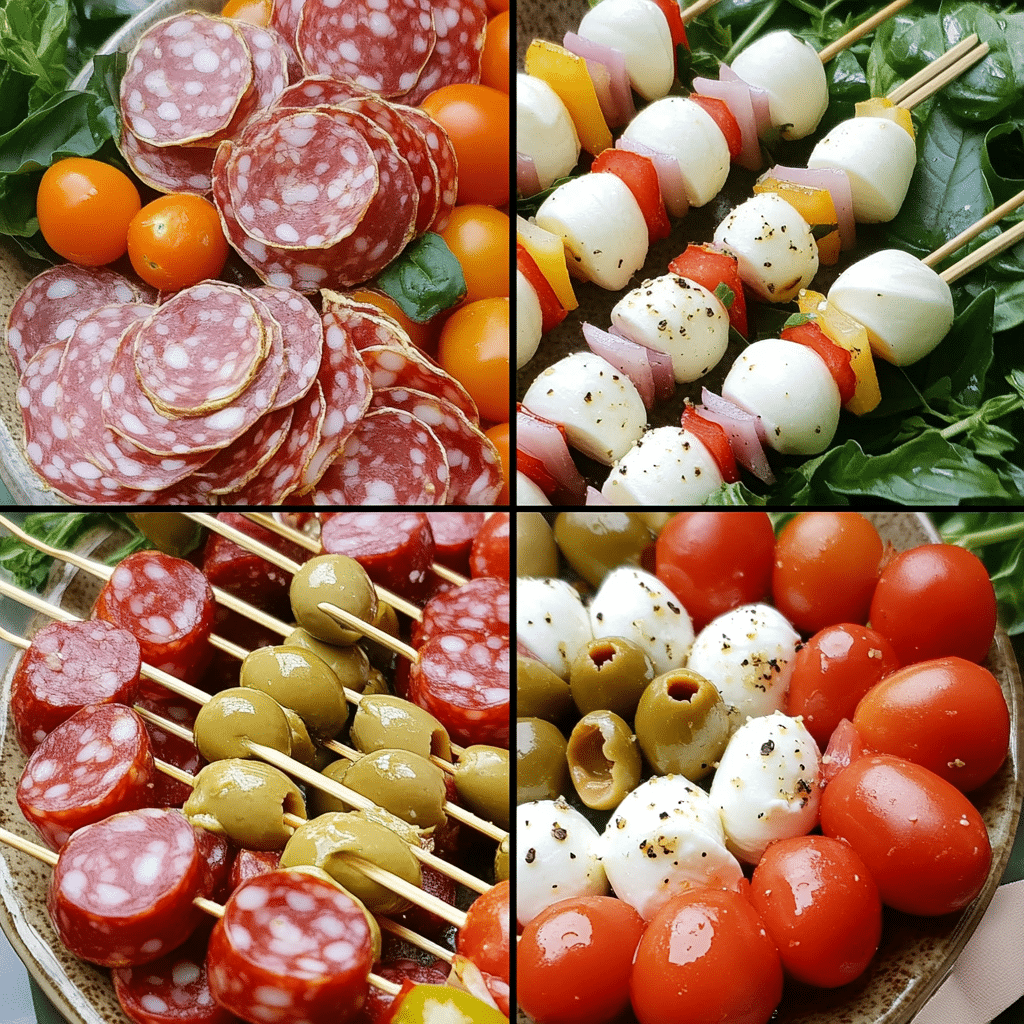 Step-by-step collage assembling antipasto skewers