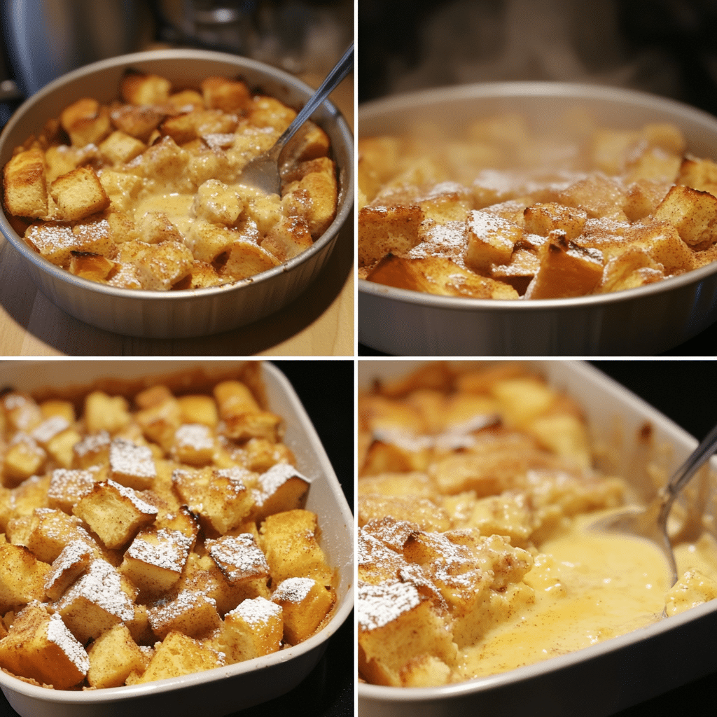 Four-panel collage of making baked French toast casserole from bread cubes to baked golden casserole