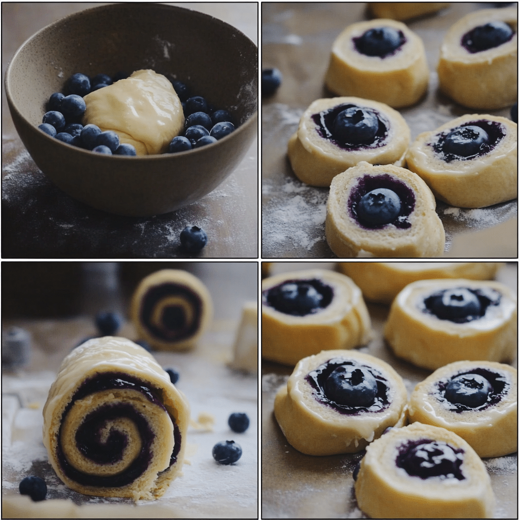 Four-panel collage showing how to make blueberry sweet rolls, from mixing to glazing