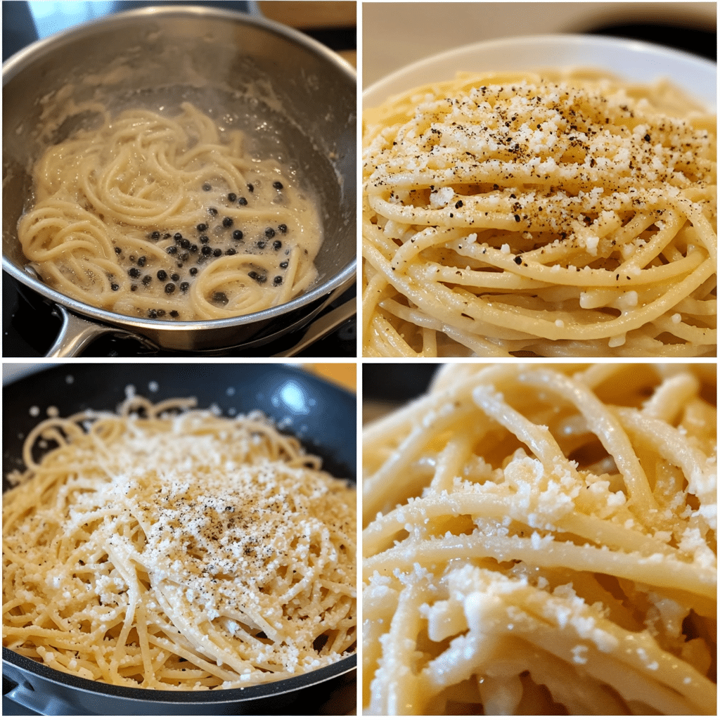 Step-by-step collage for cacio e pepe pasta