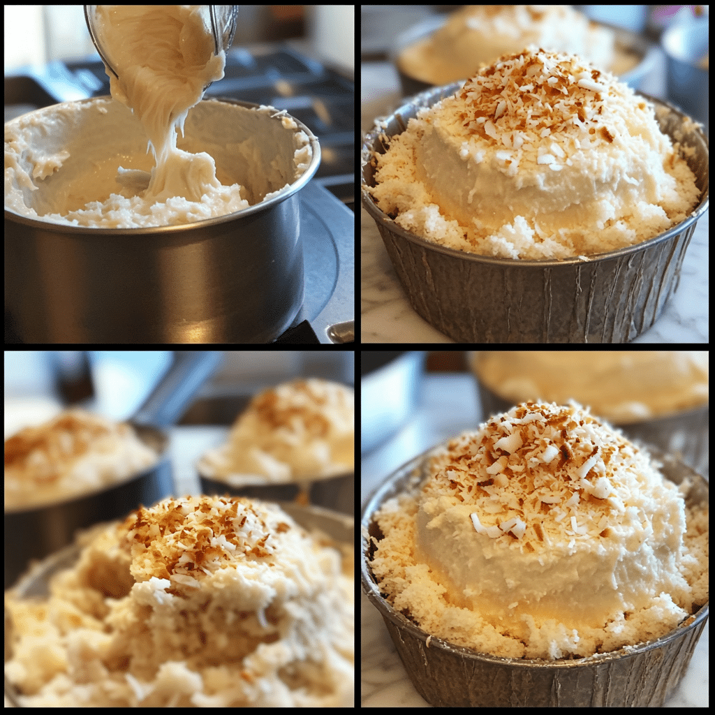 Four-panel collage showing how to make coconut cake from mixing to frosting