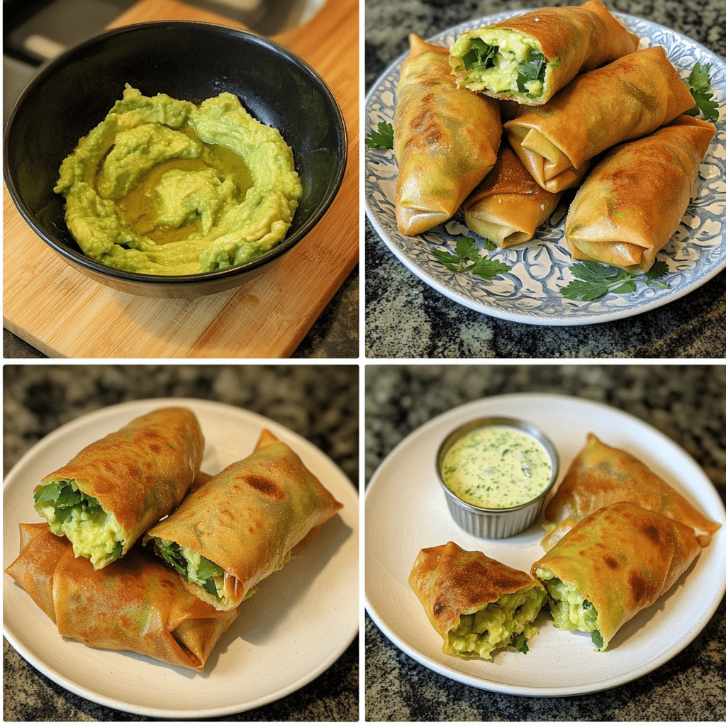 Four-panel collage showing mixing filling, rolling wrappers, frying egg rolls, and serving with dip