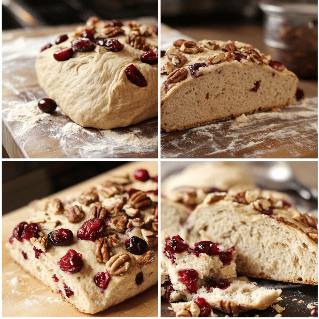Four-panel collage showing the process of making cranberry walnut sourdough bread