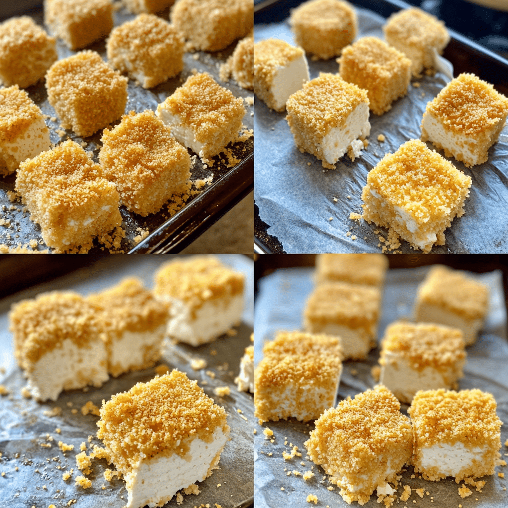 Four-panel collage of tofu nugget steps from tearing tofu to arranging on baking sheet