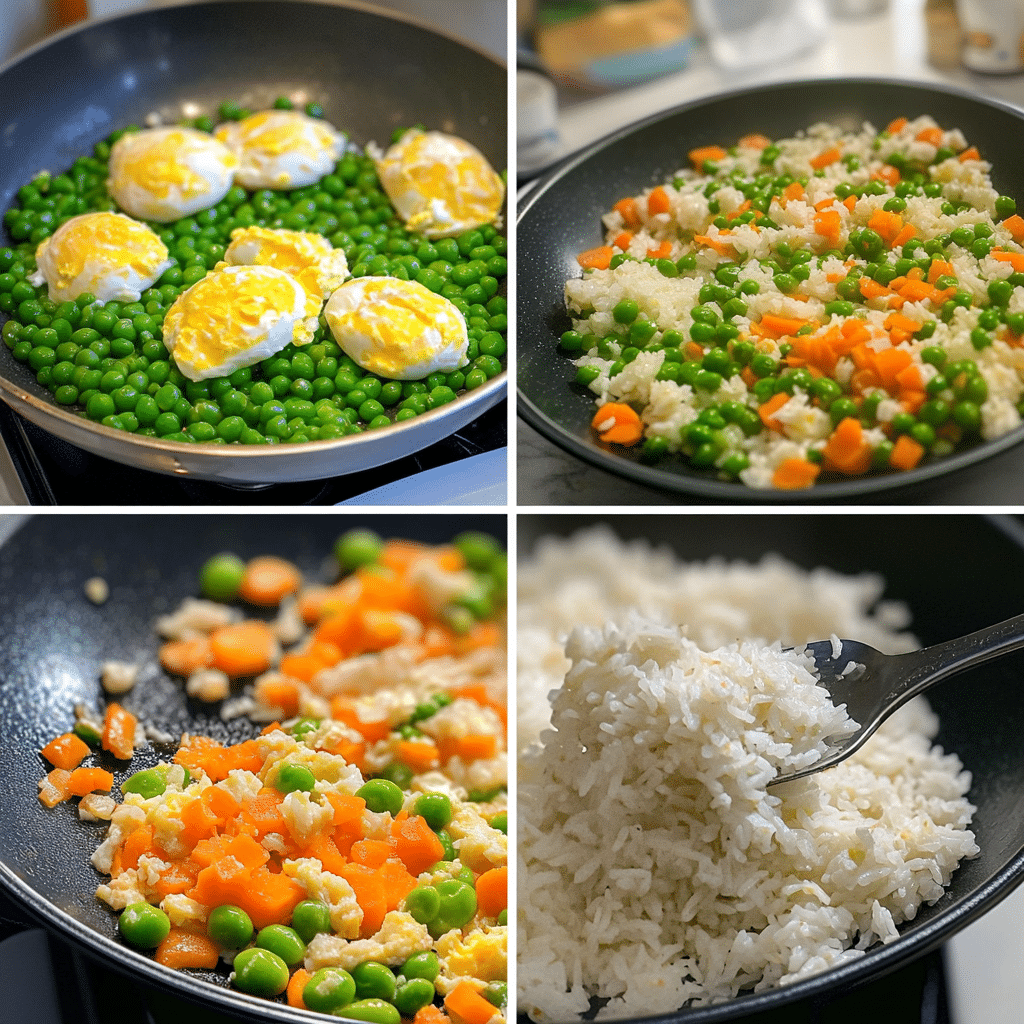 Four-panel collage of easy fried rice steps from scrambling eggs to tossing with sauce