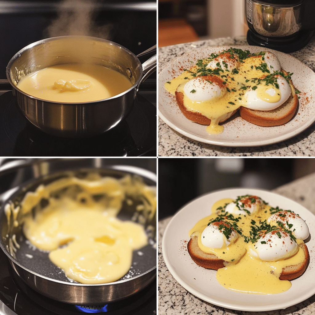 Four-panel collage showing making hollandaise, poaching eggs, and assembling Eggs Benedict