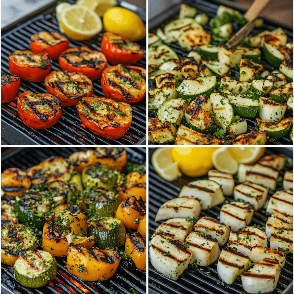 Four-step collage showing vegetables marinated, grilled, flipped, and served on a platter