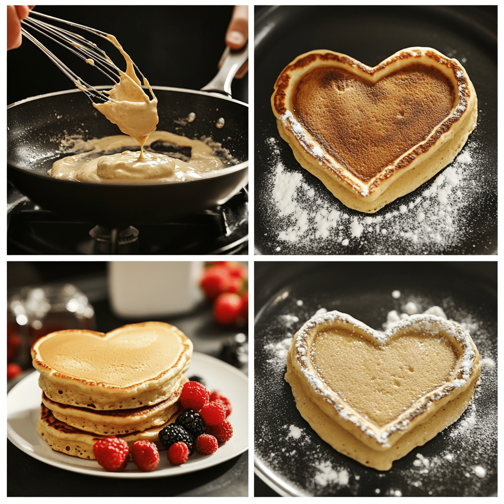 Four-panel collage showing batter mixing, piping hearts, flipping, and a plated stack with berries