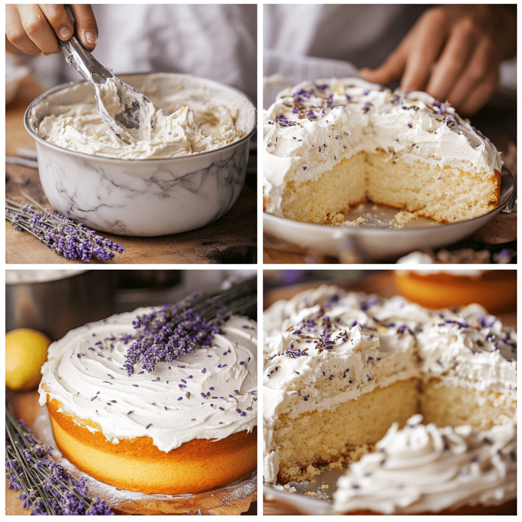 Four-panel collage showing how to make lavender lemon cake