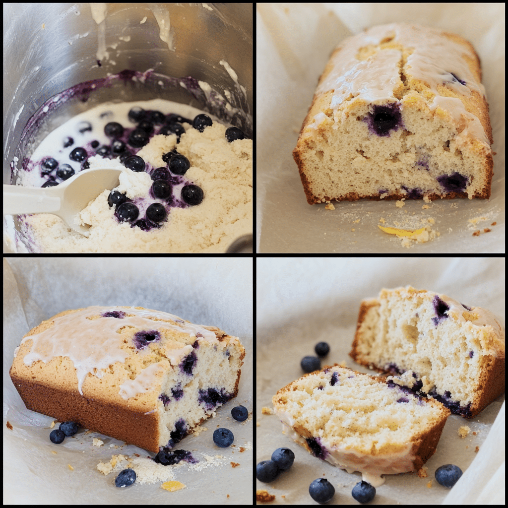 Four-panel collage showing how to make lemon blueberry bread from mixing ingredients to slicing and glazing