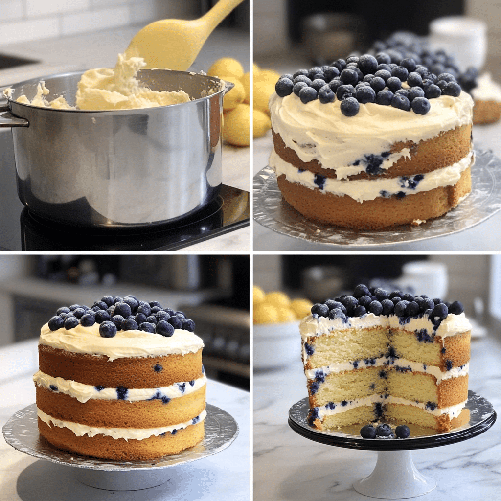 Four-panel collage showing how to make lemon blueberry layer cake from mixing to frosting