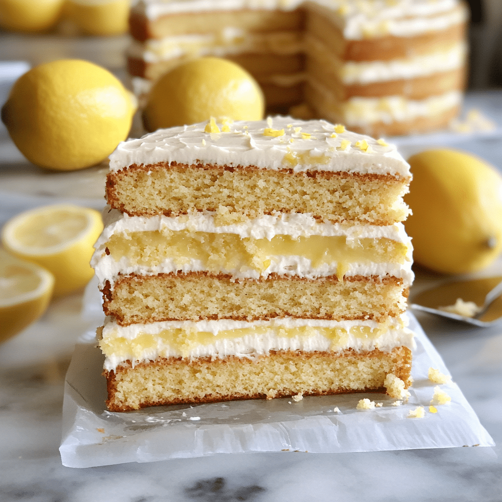 Four-panel collage showing how to make lemon layer cake with lemon curd