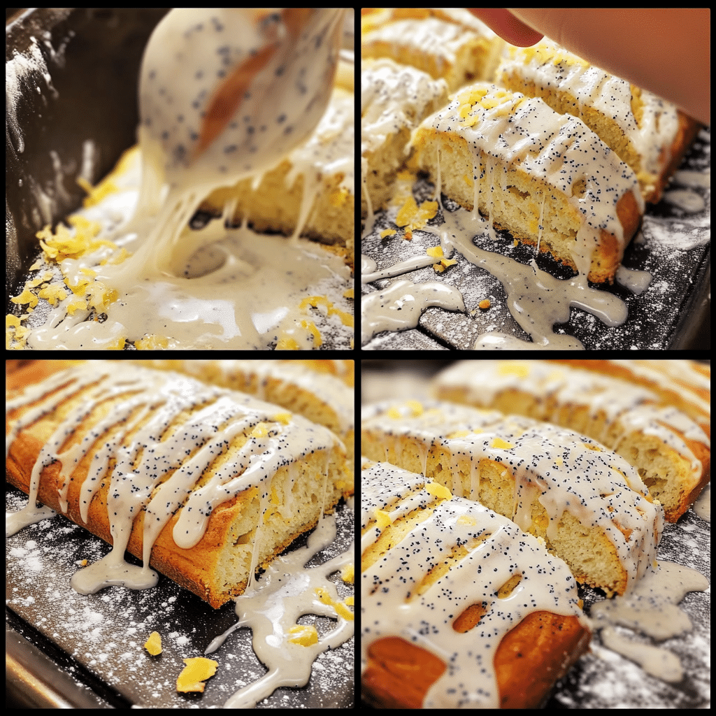 Four-panel collage showing how to make lemon poppy seed bread from mixing to glazing