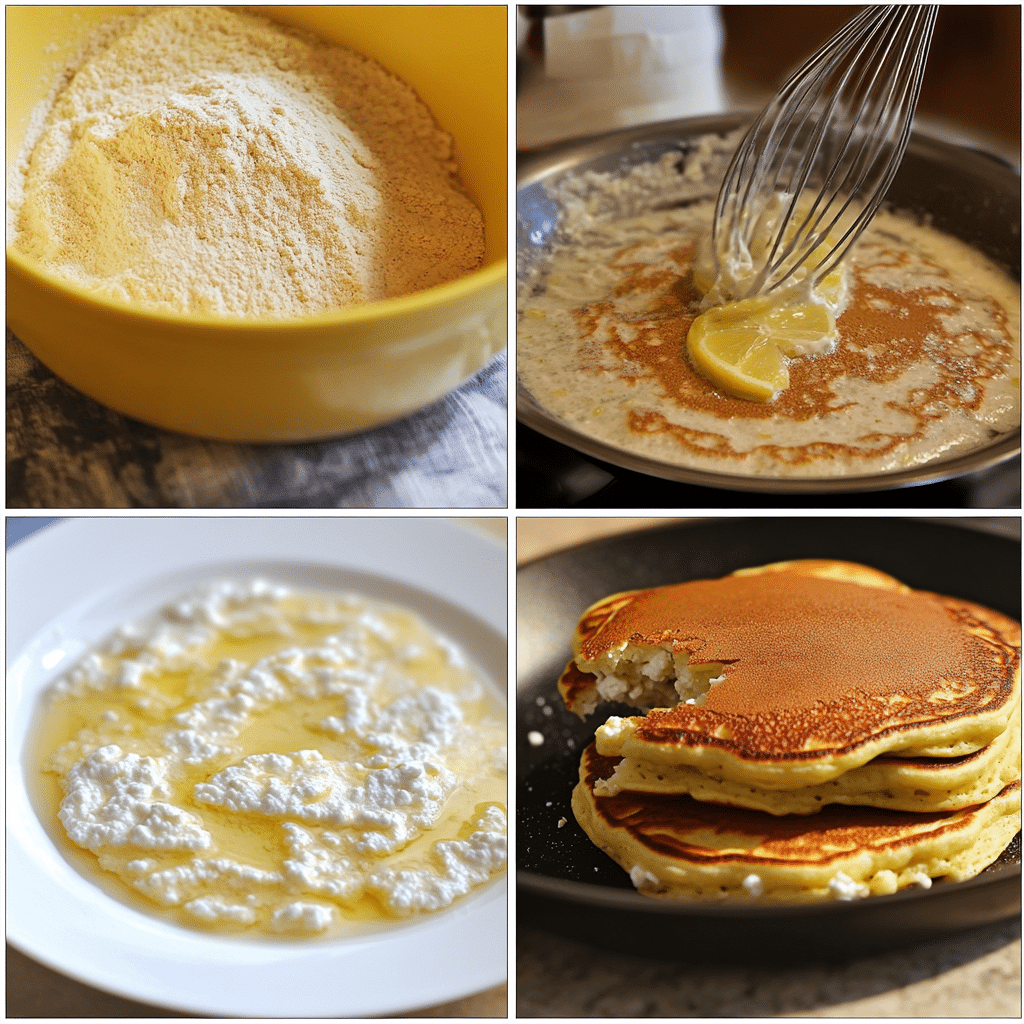 Four-panel collage showing mixing and cooking lemon ricotta pancakes on a skillet