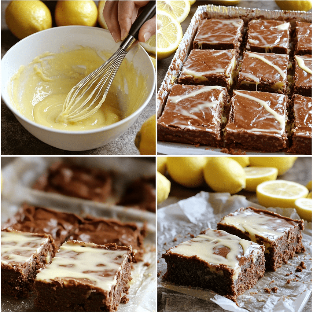 Four panel collage showing mixing lemon batter, baking in a pan, and glazing lemonies squares