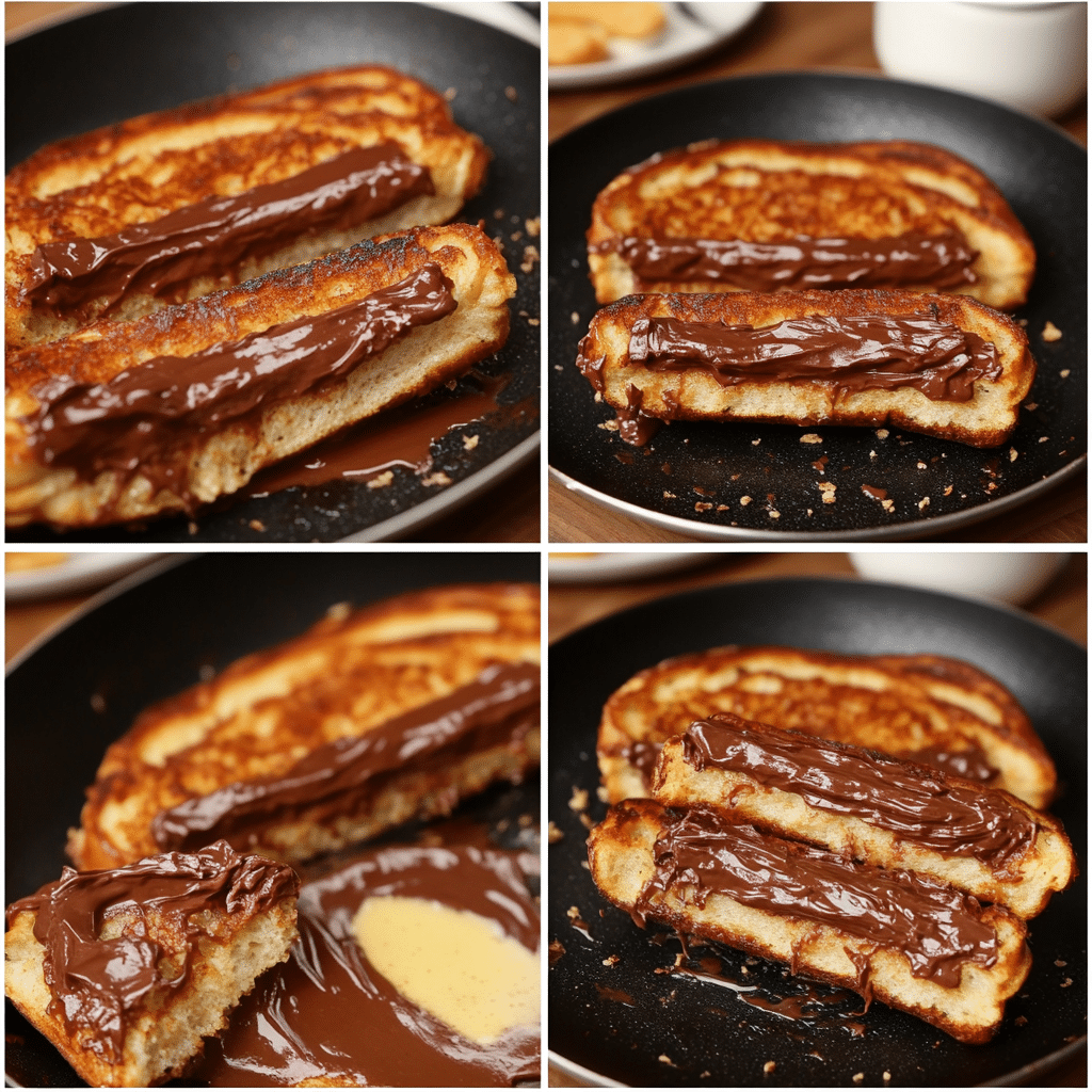 Four-panel collage showing spreading Nutella, making custard, dipping bread, and cooking stuffed French toast