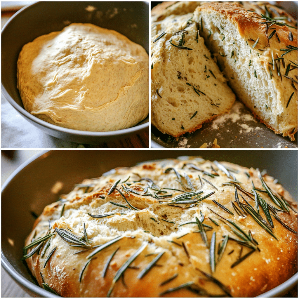 Four-panel collage showing how to make rosemary sourdough bread, from mixing to shaping and baking