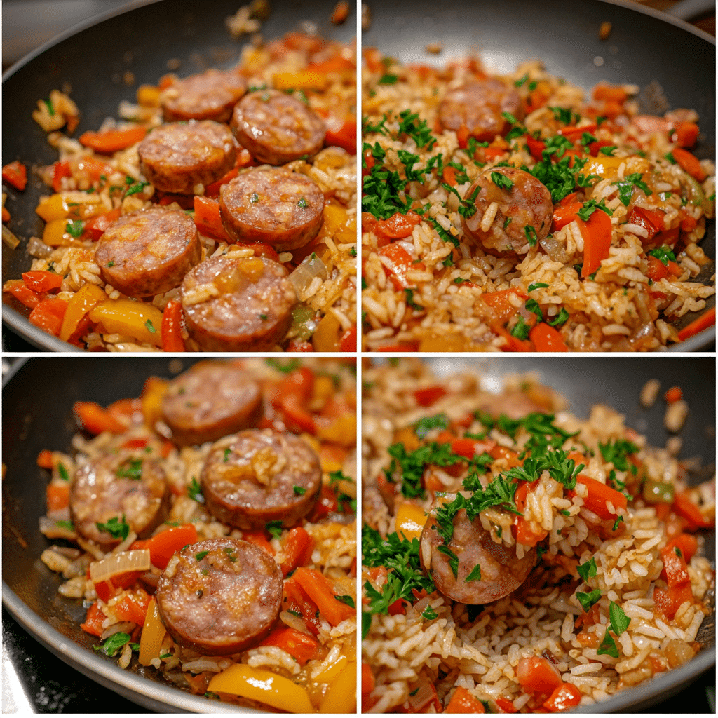 Four-panel collage of sausage and rice skillet steps from browning sausage to finished fluffy rice