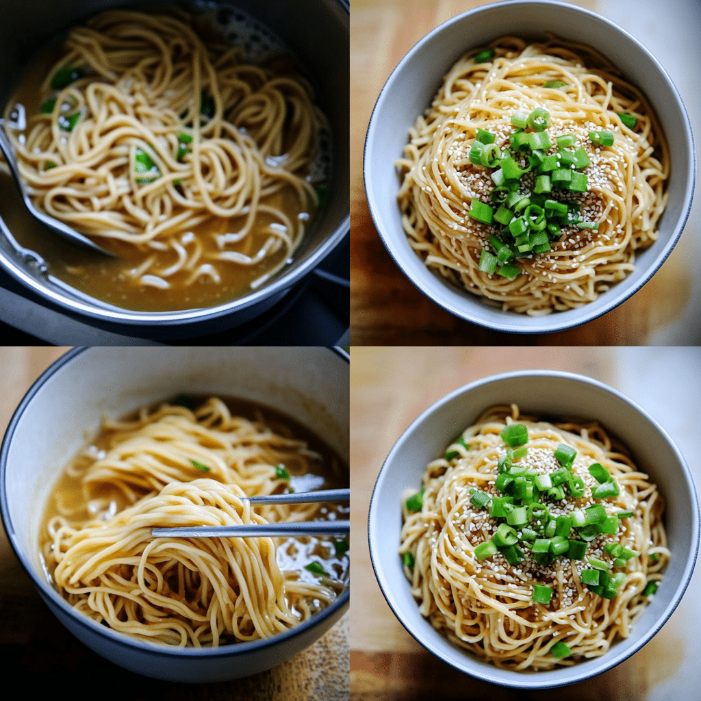 Four-panel collage of sesame noodle steps from boiling to final bowl with toppings