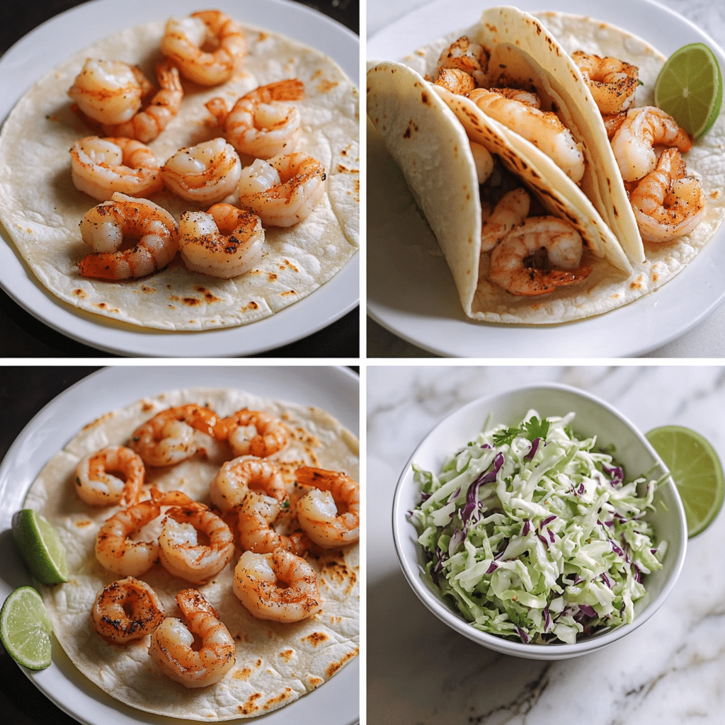 Four panel collage of steps to make shrimp tacos with slaw