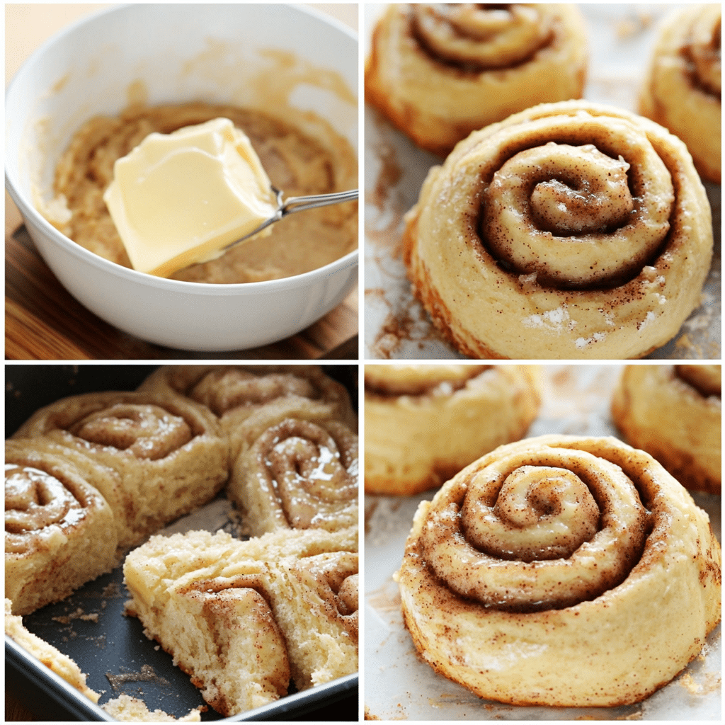 Four-panel collage showing making sourdough cinnamon rolls from mixing dough to glazing