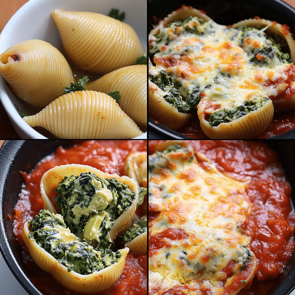 Step-by-step collage making spinach artichoke stuffed shells