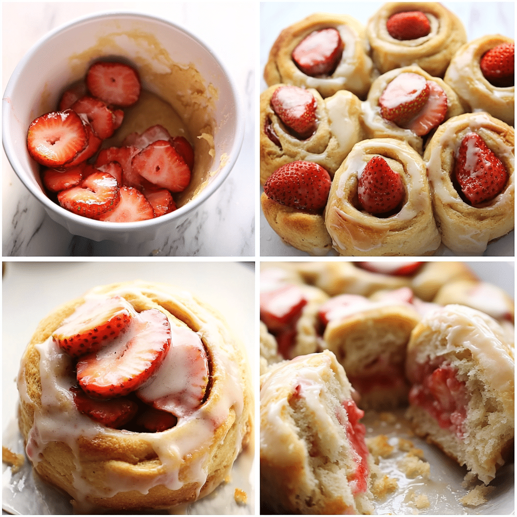 Four-panel collage showing dough mixing, filling spread, rolls in a pan, and finished glazed strawberry cinnamon rolls