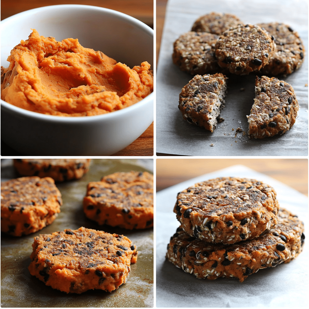 Four-panel collage of veggie burger steps from mashing to baked patties