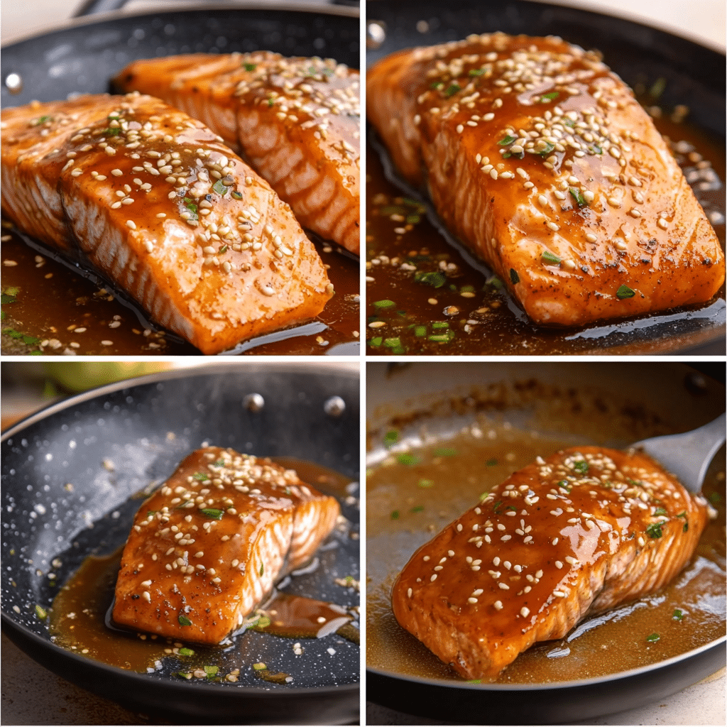 Four panel collage of steps to make teriyaki salmon
