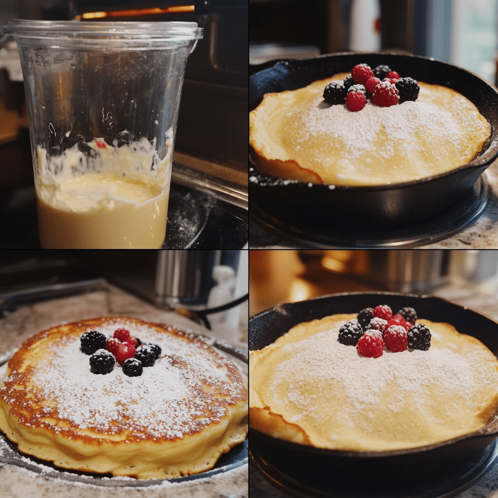 Four-panel collage showing Dutch Baby Pancake batter blending, hot skillet, pancake puffing, and finished toppings