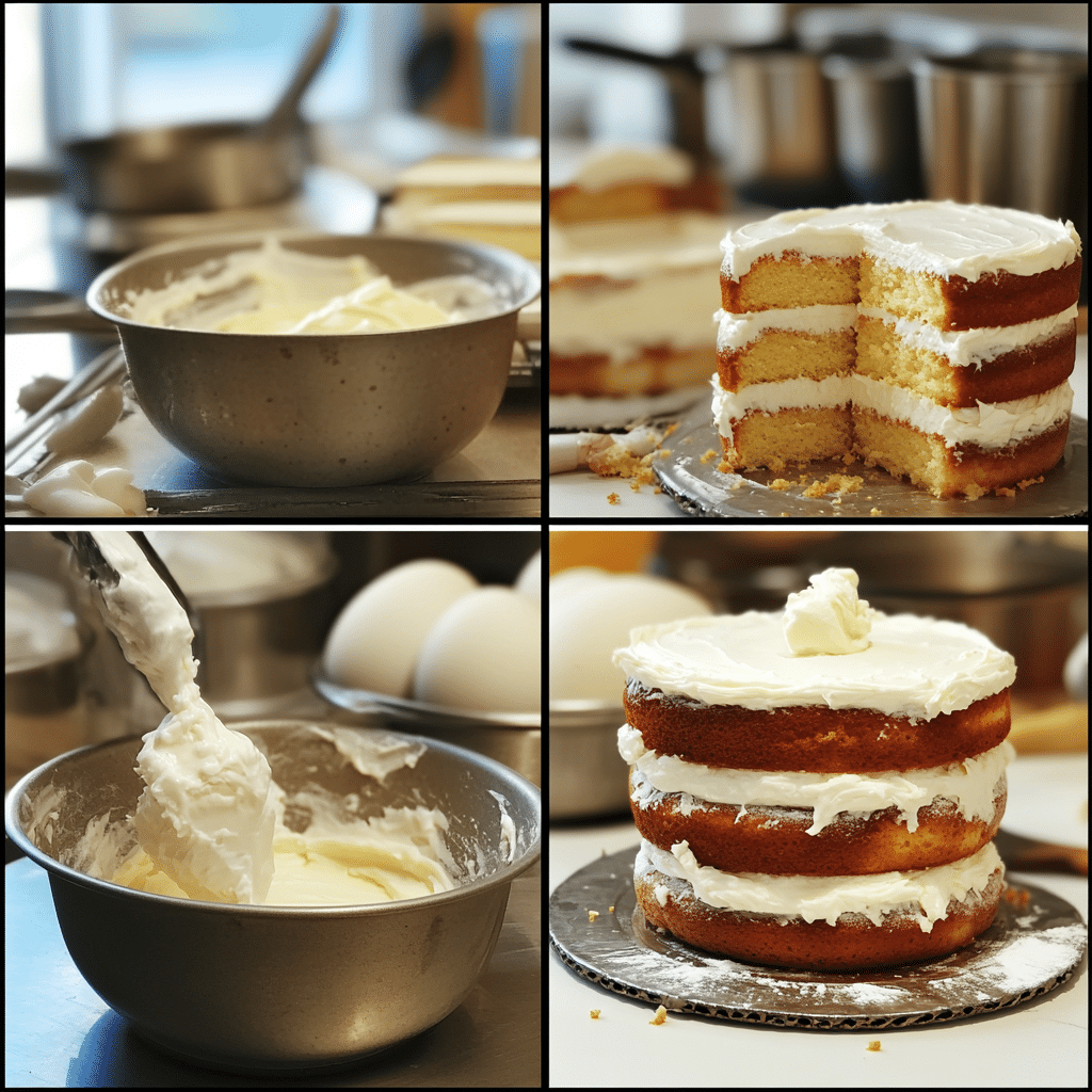 Four-step collage of mixing batter, baking layers, and frosting a vanilla naked cake